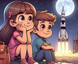 cartoon of a boy and girl sitting on the ground next to a rocket