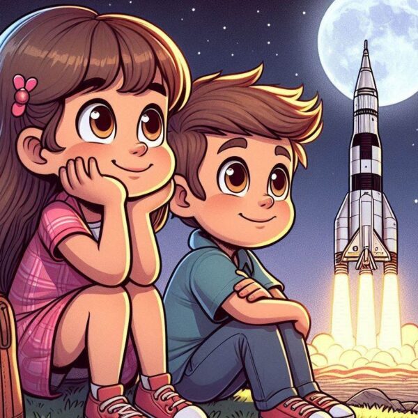 cartoon of a boy and girl sitting on the ground next to a rocket