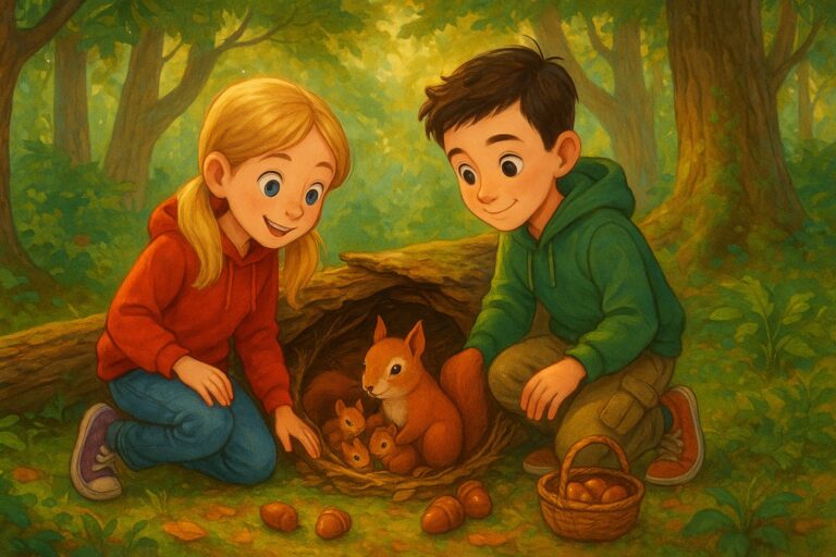 Emily and Jack in their treehouse discovering their missing acorns in Whisper Woods