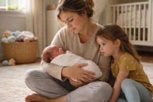 Mother holding a newborn while an older sister leans close in a calm nursery moment