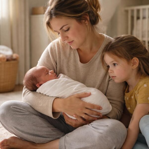 Mother holding a newborn while an older sister leans close in a calm nursery moment