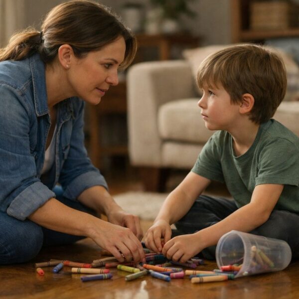 Parent calmly helping a child repair a behavior mistake without shame