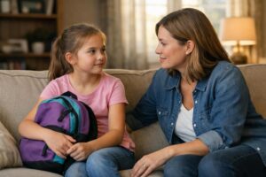 Parent and child having a calm emotional check-in together on a couch at home