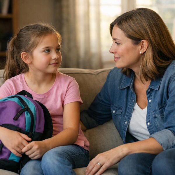 Parent and child having a calm emotional check-in together on a couch at home