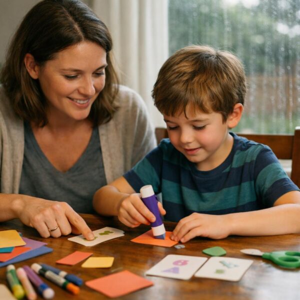 Parent helping a child with hands-on rainy day learning activities at home