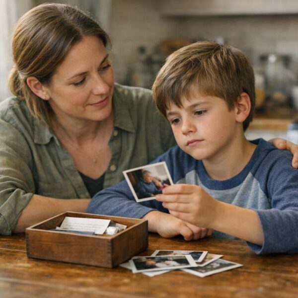 Parent comforting child while looking through memory photos at a kitchen table