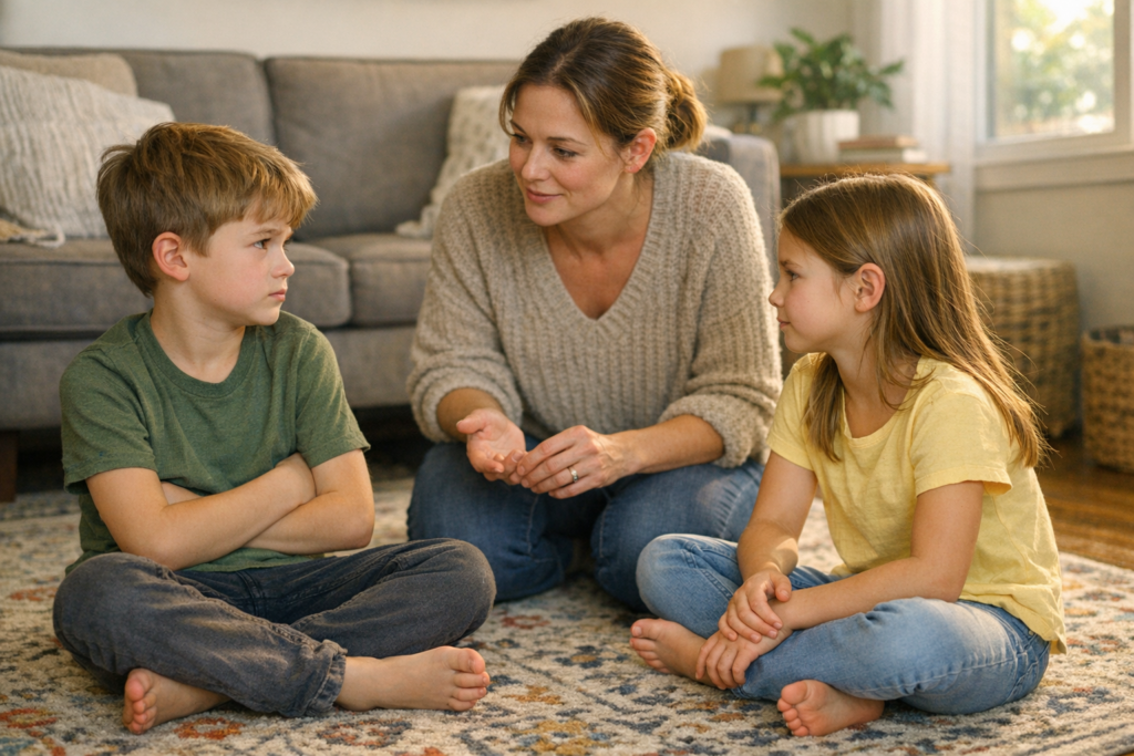 Parent helping two siblings reconnect after an argument in a warm family living room
